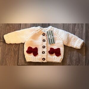 The Blueberry Hill Red Bow Cardigan 0-6 Months Cream Red Handknit